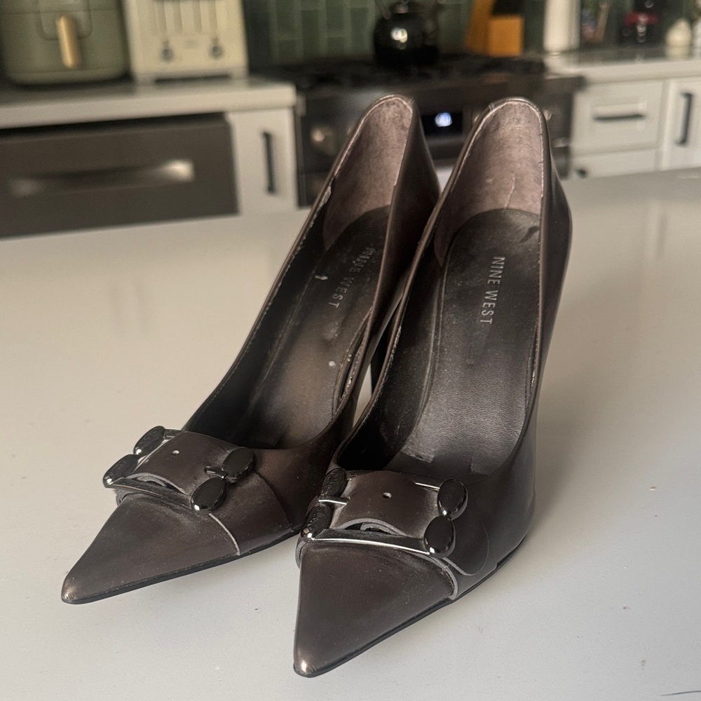 Nine West Dark Gray Stiletto Buckle Heels
